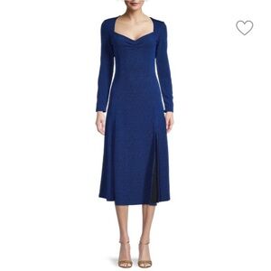 BETSEY JOHNSON WOMEN  MIDI LENGTH DRESS NAVY  LONG SLEEVE FRONT SLIT Sz SMALL